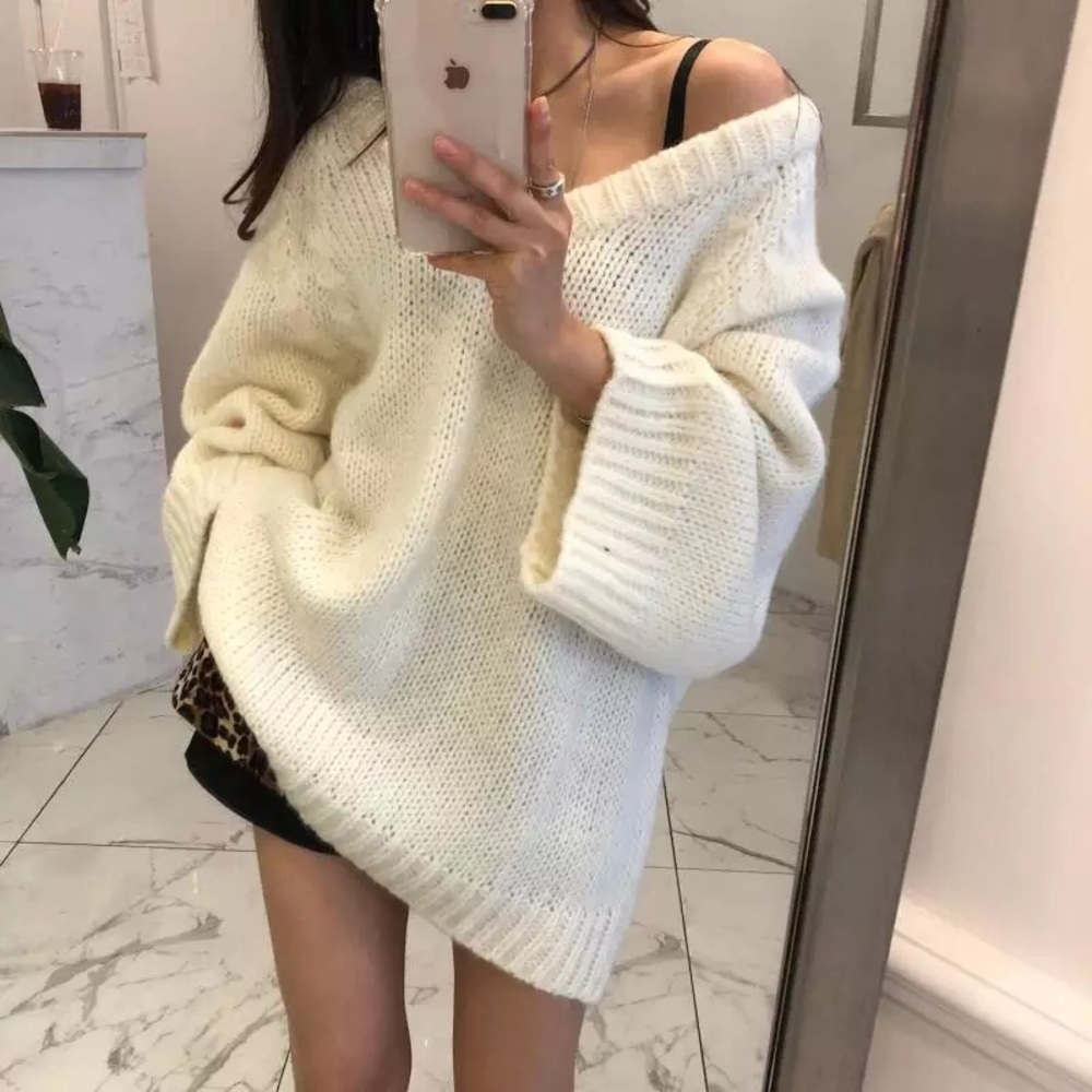 Sweater knit wide sleeve cream white black V-neck womens loose top - Picture 4 of 14